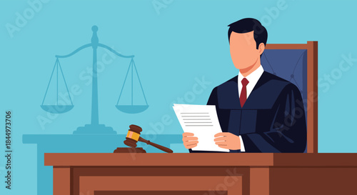 A faceless judge in a robe sits at the bench holding papers, with a gavel and the scales of justice visible in the courtroom.