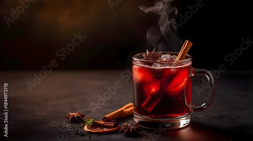 Luxury Hot Mulled Wine with Cinnamon, Star Anise and Rising Steam