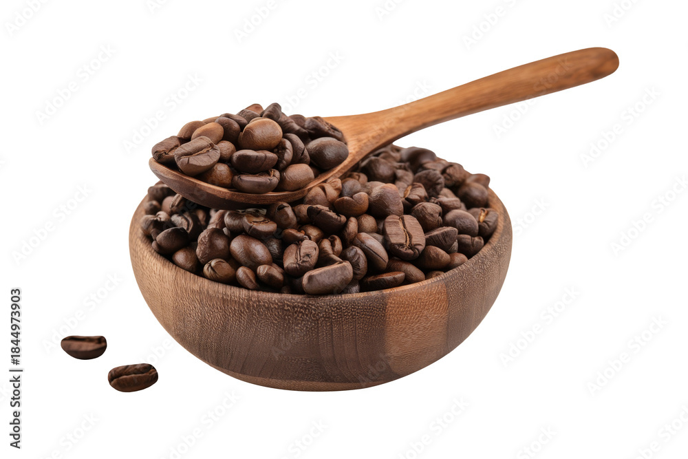 Fototapeta premium coffee beans in wooden bowl with spoon on white background.