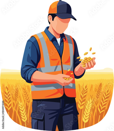 Man in hat and vest holding grain in rustic field. Suitable for agriculture, farming, countryside, harvest, traditional practices, rustic concepts.