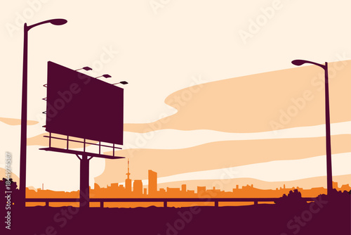 Bold roadside billboard silhouette with city skyline for impactful advertising campaigns and urban development projects reaching a wide audience effectively