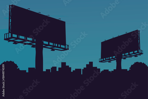Dynamic billboard silhouettes against a twilight cityscape offer bold advertising space and modern metropolitan flair for impactful marketing campaigns