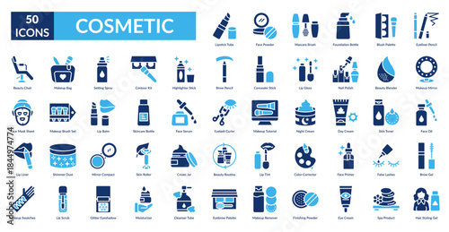 Cosmetic Fill Icon Set. Lipstick Tube, Face Powder, Mascara Brush, Foundation Bottle, Blush Palette, Eyeliner Pencil, Makeup Mirror