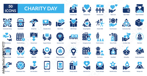 Charity Day Fill Icon Set. Donation, Box, Helping, Hand, Event, Share, Love, homeless, community, funds, mission