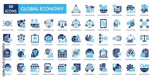 Global Economy Fill Icon Set. Global, Trade, Policy, Currency, Exchange, Economic, Growth