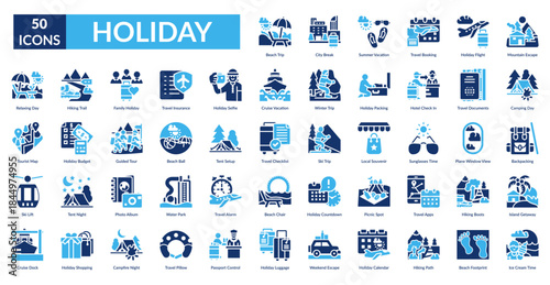 Holiday Fill Icon Set. Beach Trip, City Break, Summer Vacation, Travel,  Booking, Holiday Flight, Mountain Escape