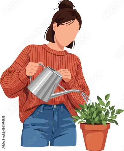 Girl tending to plant in denim jeans, pouring water from can. Suitable for gardening, lifestyle, ecofriendly themes in design projects.