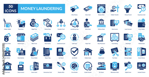 Money Laundering Fill Icon Set. Dirty Money, Clean Cash, Money Wash, Hidden Transfer, Money Funnel, Suspicious Cash, Crime Wallet