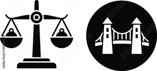 Collection of Black and White Icons Vector Illustration, Featuring Scales of Justice Symbol and London's Famous Tower Bridge Landmark in a Simple Flat Design Style.