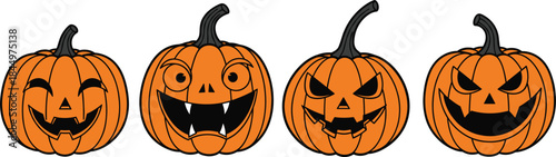 Halloween pumpkin face set with scary spooky and funny jack o lantern expressions cartoon flat vector illustration