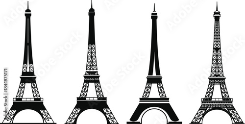 Collection of Eiffel Tower Silhouette Vector Illustration Variations, Iconic French Parisian Landmark, Different Styles of Architectural Symbol of France and European Travel.