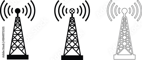 Collection of Radio Transmission Tower Vector Icons, Showing Solid Black and  Representing Global Communication, Telecommunications N
