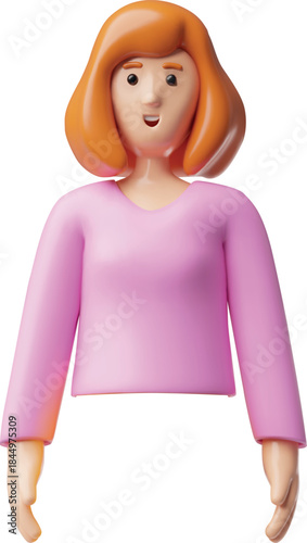 A 3D female avatar, close-up, waist-length, wearing a pink shirt, with short brown hair.
