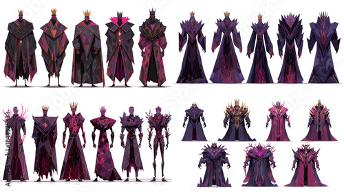 Dark fantasy character illustration set featuring elegant armored figures in dramatic purple tones ideal for game art concept design epic storytelling and character development visuals.