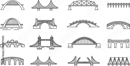 Collection of Various Bridge Types Line Art Vector Icons, Including Suspension, Arch, Truss, Bascule, and Beam Bridges, Representing Civil Engineering and Transportation Infrastructure.
