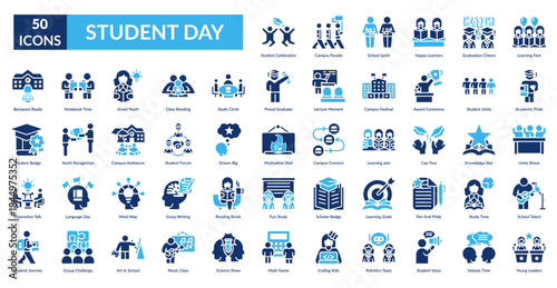Student Day Fill Icon Set. Student Celebration, Campus Parade, School Spirit, Happy Learners, Graduation Cheers, Learning Fest, Academic Pride
