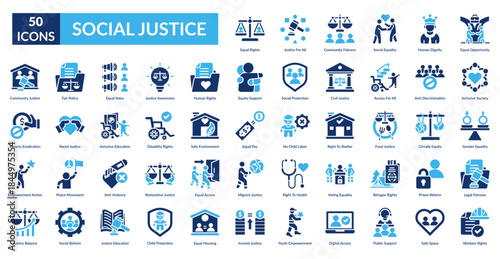 Social Justice Fill Icon Set. Equal Rights, Justice For All, Community Fairness, Social Equality, Human Dignity, Equal Opportunity, Inclusive Society