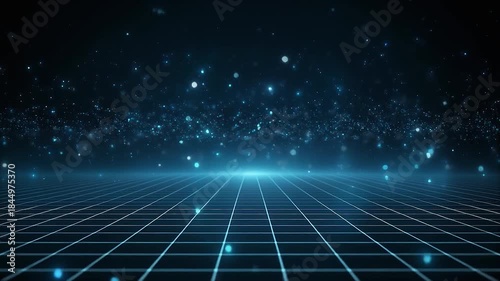 Futuristic digital grid technology with floating light particles on a dark blue background