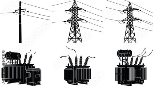 Communication Tower Climbers Silhouette Vector Illustration Set, Technicians Installing and Maintaining Antennae, Telecommunications Workers Performing High-Risk Job on Cell and Radio Towers.