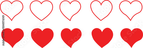 A diverse collection of ten red heart shapes, presented in two rows with five solid hearts and five corresponding outlines, isolated on a clean white background.
