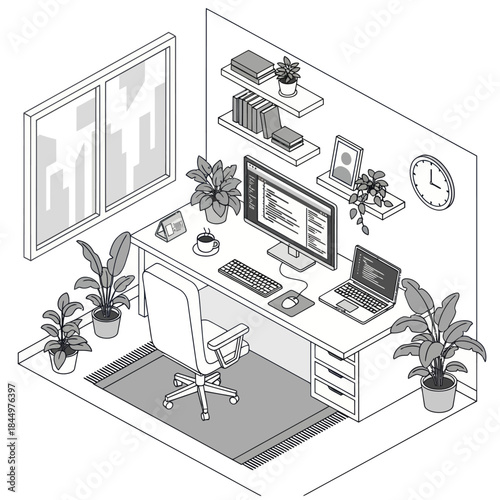 Modern Office Workspace with Computer and Plants.