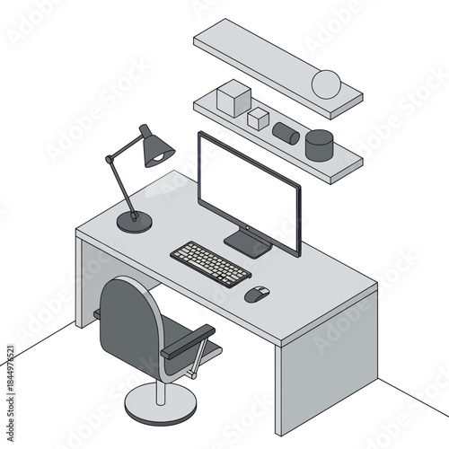 Modern Computer Desk with Office Equipment.