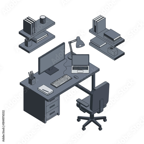 Modern Office Desk with Computer and Chair.