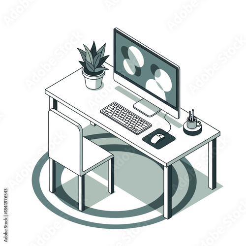Modern Computer Desk with Office Supplies.