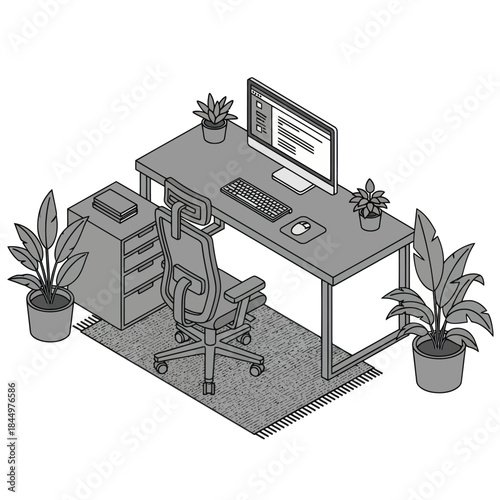Modern Office Desk with Computer and Chair.