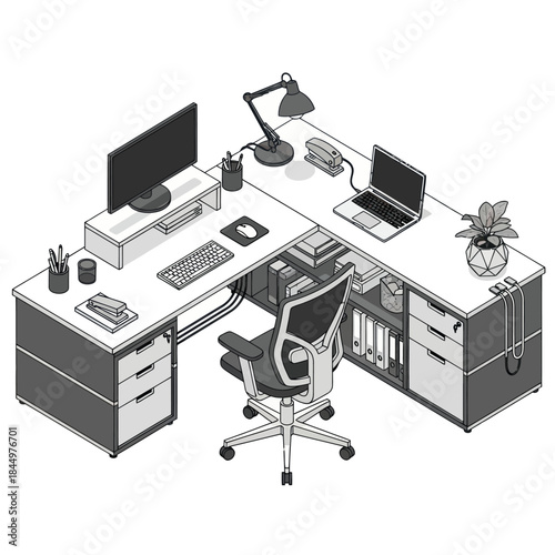 Modern Office Workspace with Computer and Chair.