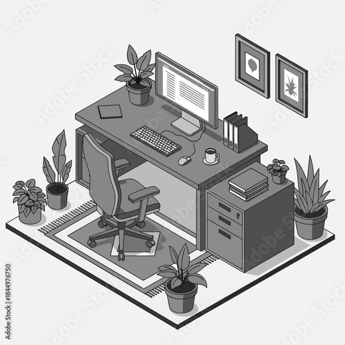 Modern Office Desk Workspace with Computer and Plants.