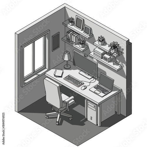 Modern Computer Workstation with Office Supplies.