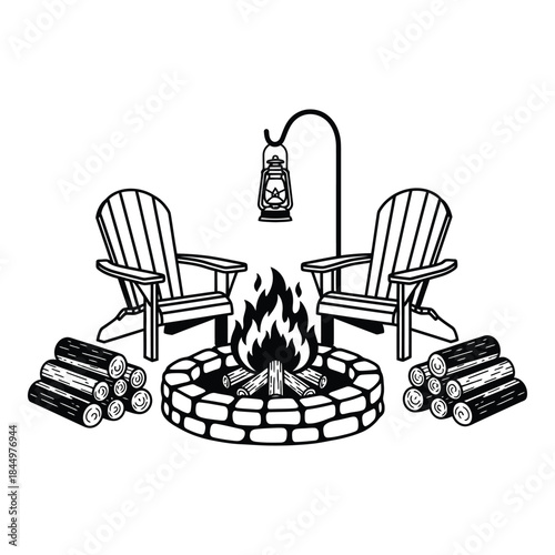 Camping scene with chairs and fire pit