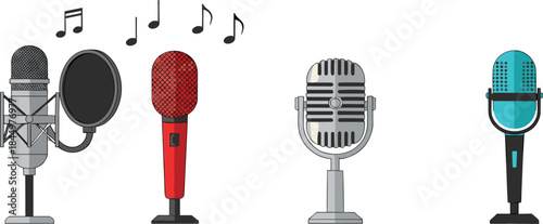 Professional studio microphones collection with musical notes, podcast recording, broadcasting, singing, and audio equipment vector illustration
