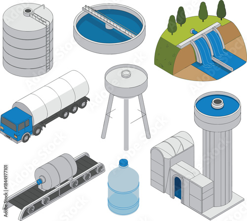 Isometric water supply and treatment infrastructure illustration featuring tanks, trucks, reservoirs, and purification systems for industrial utilities management