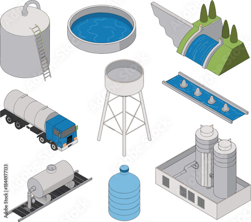 Isometric water supply and treatment infrastructure illustration featuring tanks, trucks, reservoirs, and purification systems for industrial utilities management