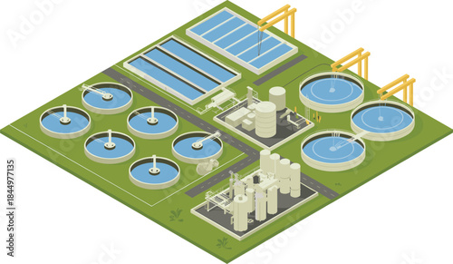 Isometric water treatment plant illustration showing filtration basins, settling tanks, pipelines, and industrial purification infrastructure for clean water