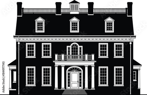 Colonial Revival Georgian Architecture House Vector Illustration, Grand Symmetrical Neoclassical Facade, Historical American Mansion, Traditional Residential Building Exterior Design.