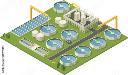 Isometric water treatment plant illustration showing filtration basins, settling tanks, pipelines, and industrial purification infrastructure for clean water
