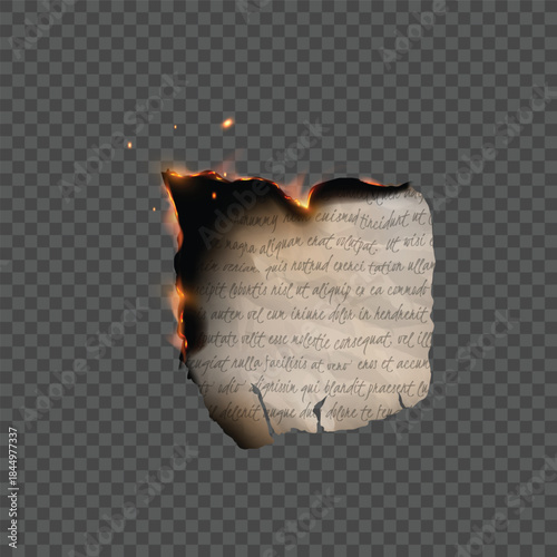 Vector illustration of a burning piece of paper with handwritten text.
