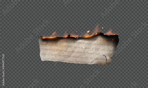 Paper letter burning realistic vector, flaming torn page scrap with notes text or document sheet with fire and black ash
