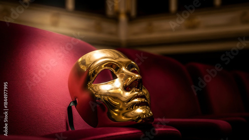 Golden theater mask on velvet seat symbolizing illusion, ego and performance