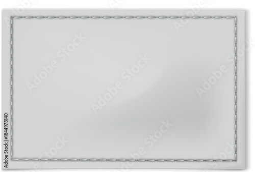 Stitched white textile label, vector realistic cloth fabric rectangle sewn on tag for textile, cotton badge mockup