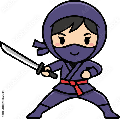 Cute Ninja Character with Sword Cartoon Vector Illustration