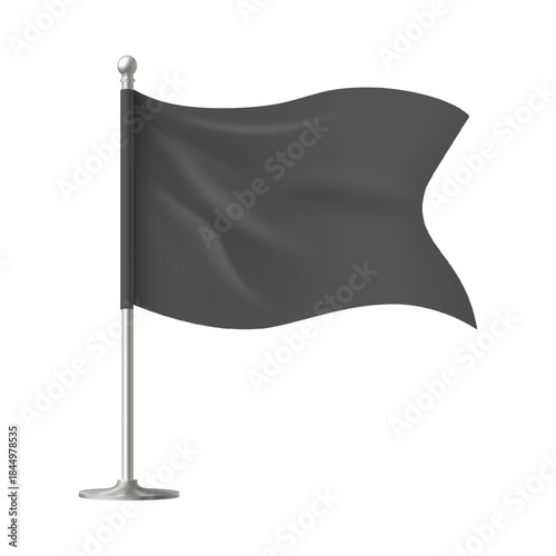 Waving black flag with forked edge vector 3d template, realistic fabric horizontal canvas on flagpole promotion design