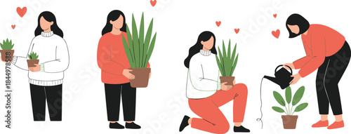 Women caring for houseplants illustration set showing love for indoor gardening, plant watering, and cozy home lifestyle vector characters