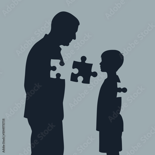 Father and Son Connecting Puzzle Pieces Together.