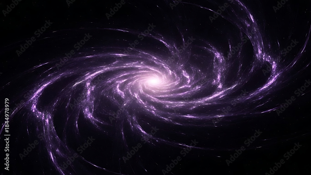 Obraz premium Purple spiral galaxy with bright center and swirling star trails against black space