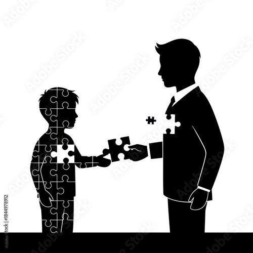 Father and son connecting puzzle pieces representing family bond and unity.