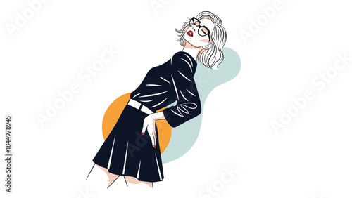 A chic and confident woman with short hair and glasses, posing stylishly in a black dress with an abstract background.